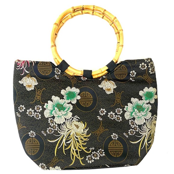 Bamboo Handle Black Asian Print Floral Round Wood Handle Canvas Handbag - Picture 5 of 9